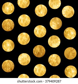 Seamless pattern with gold circles. Gold polka dot pattern.Festive circles on a black background.Abstract geometric modern background. Texture of gold foil. Art deco style. Polka dots, confetti.