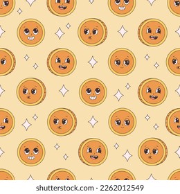 Seamless pattern with gold coin character. Groovy style, retro, vintage, 70s 60s aesthetics. Vector illustration