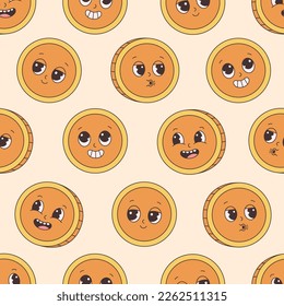Seamless pattern with gold coin character. Groovy style, retro, vintage, 70s 60s aesthetics. Vector illustration