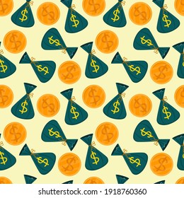 Seamless pattern of gold coins and a bag of money for the St. Patrick's Day holiday. Vector illustration