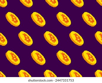 Nahtloses Muster mit Goldmünzen und Bitcoin-Symbol im Pixel-Art-Stil. 3D-Münzen im Stil von 8-Bit-Grafiken klassischer Retro-Spiele. Design Bildschirmhintergründe, Banner und Poster. Vektorillustration