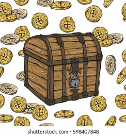 Seamless pattern with gold coins and chest on white background. Vector illustration