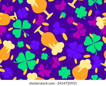 Seamless pattern with gold coins, clover leaves and glasses of beer for St. Patrick's Day. Glasses of beer on a stem with foam. Design for wallpaper, banner and cover. Vector illustration