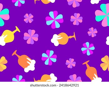 Seamless pattern with gold coins, clover leaves and glasses of beer for St. Patrick's Day. Glasses of beer on a stem with foam. Design for wallpaper, banner and cover. Vector illustration