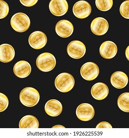 Seamless pattern gold coins with dollar sign on black background. Vector illustrator