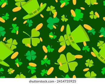 Patrón sin foco con monedas de oro, hojas de trébol verdes y sombrero leprechaun para el Día de San Patricio. Símbolos de la fiesta irlandesa. Diseño festivo para tapicería, pancarta y cubierta. Ilustración del vector