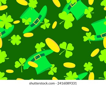 Seamless pattern with gold coins, green clover leaves and leprechaun hat for St. Patrick's Day. Symbols of the Irish holiday. Festive design for wallpaper, banner and cover. Vector illustration