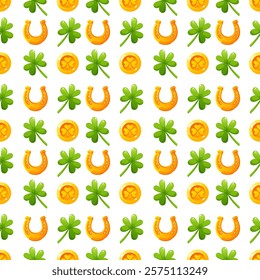 Seamless pattern of gold coins with the image of a shamrock, clover and a golden horseshoe. A repeating pattern depicting gold coins, clover, and horseshoe shamrocks in honor of St. Patrick's Day.