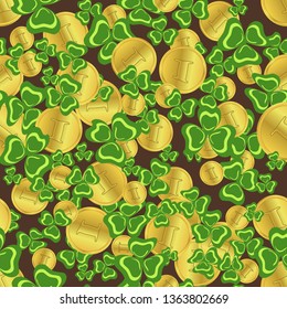 Seamless pattern. Gold coins and leaves of a klerov. Good luck and wealth. St. Patrick's Day in Ireland. Vector illustration for packaging, cards, backgrounds and banners.