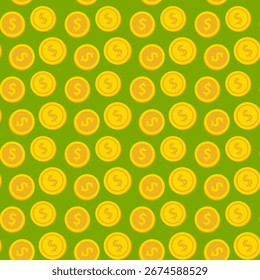 Monedas de oro de patrón sin fisuras sobre fondo verde Ilustración vectorial. Imprimir, perfecto para la marca, el embalaje y los productos empresariales.
