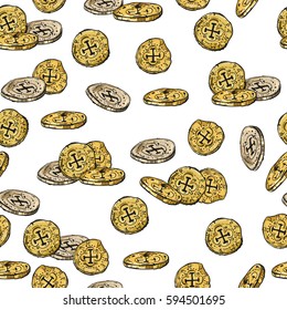 Seamless pattern with gold coins on white background. Vector illustration