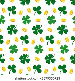 Seamless pattern with gold coins and shamrocks in a random arrangement. Colorful flat design for St. Patricks Day decorations and backgrounds.