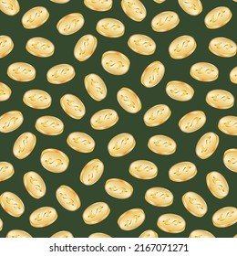 Seamless pattern with gold coins.Gold coins on a green background in a vector seamless pattern.