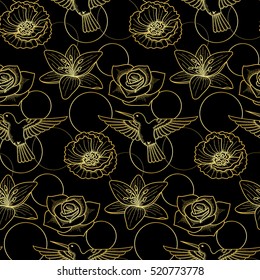 Seamless pattern with gold colibri and flowers on black background. Modern textile print