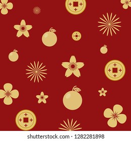 Seamless pattern gold color on red background with Chinese elements . Vector background.