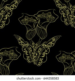 seamless  pattern gold contour flower Vector illustration