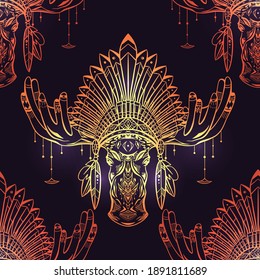 Seamless pattern with gold contour illustration of a moose head with antlers and an Indian cap made of feathers. Roach Chieftain. Boho vector luxury texture for wallpaper, fabric and your design.