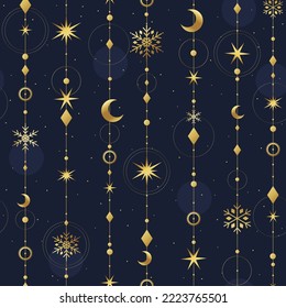 Seamless pattern with gold crescents, stars, snowflakes, beads on blue background. Christmas style