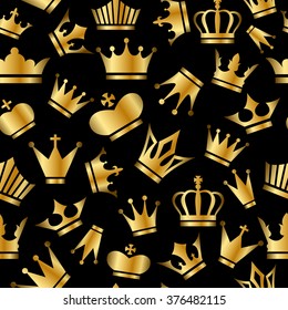 Seamless pattern with Gold Crowns on black background. Perfect for greetings, invitations, manufacture wrapping paper, textile, web design.