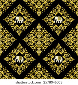 Seamless pattern gold damask elephant and floral on back background