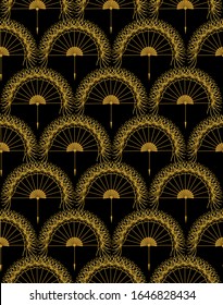 Seamless pattern with gold dandelions on black background. Dandelion flower gold hand fan with fluff. Vintage Art Deco luxury vector illustration