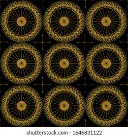 Seamless pattern with gold dandelions on black background. Dandelion flower circle heads and four directions. Vintage Art Deco luxury vector illustration