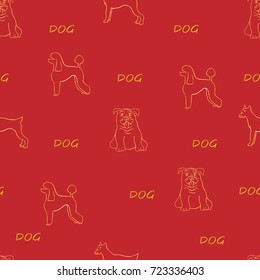 Seamless pattern of gold dogs on a red background. Cover for the holiday.