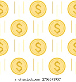 Padrão contínuo de moedas de ouro em dólar. Fundo com moedas em queda. Dinheiro. Imprimir sobre o tema de investimentos, quedas, poupança, investimentos de capital, empréstimos e dívida, gráfico vetorial