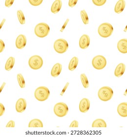 Un patrón sin fisuras de monedas de dólar de oro sobre fondo blanco. Conjunto de iconos de monedas de oro girando en diferentes ángulos para la animación. Conjunto de monedas de oro. Ilustración vectorial 3D.