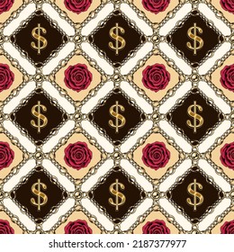 Seamless pattern with gold dollar sign, crimson roses, geometric rhombus grid of gold chains, beads, buttons. Classic vintage background.