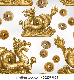 Seamless pattern of the gold dragon. The symbol of Feng Shui.
