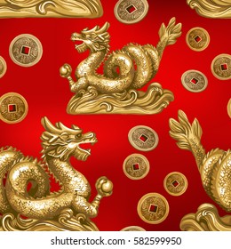Seamless pattern of the gold dragon. The symbol of Feng Shui.