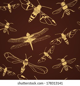 Seamless pattern of  gold dragonfly and bee. Vintage animals background. Vector illustration/ EPS 10