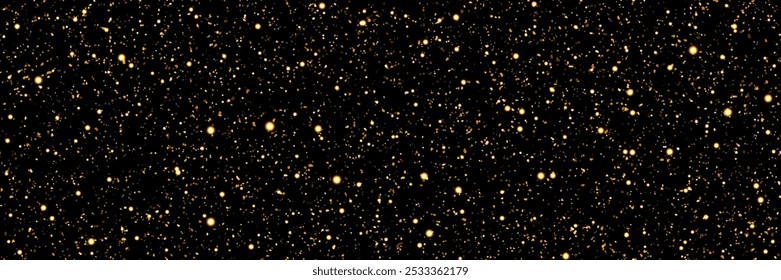 Seamless pattern with gold dust particles on dark bg. Glowing noise texture. Holiday sparkling luxury background. Vector illustration with overlay effect of shimmering powder