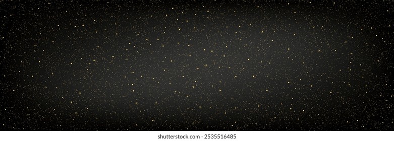 Seamless pattern with gold dust stars on dark gradient bg. Glowing noise texture. Festive sparkling luxury background. Vector illustration with overlay effect of shimmering powder