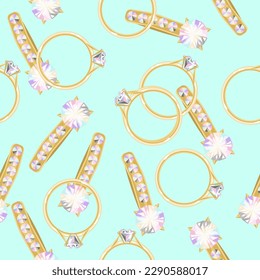 Seamless pattern of gold earrings and diamond rings on a light turquoise background.Vector pattern for wedding designs,textiles.