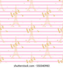 Seamless pattern with gold Eiffel tower and Love word on pink striped background.