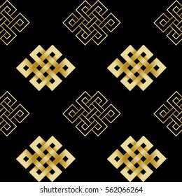 Seamless Pattern with Gold endless knot on black background. Buddhism symbol wallpaper.