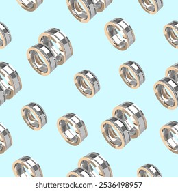 Seamless pattern of gold engagement rings with diamonds on a pale blue background.Vector pattern for wedding designs.