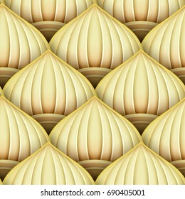 Seamless Pattern with Gold Ethnic Motifs. Endless Texture with Abstract Design Element. Art Deco, Nouveau, Islamic, Arabic Style. Realistic Glossy Ornament. Vector 3d Illustration. Ornate Abstraction