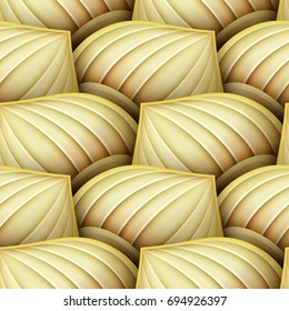 Seamless Pattern with Gold Ethnic Motifs. Endless Texture with Abstract Design Element. Art Deco, Nouveau, Islamic, Arabic Style. Realistic Glossy Ornament. Vector 3d Illustration. Ornate Abstraction