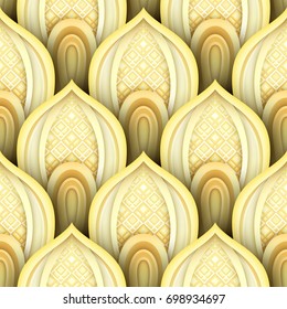 Seamless Pattern with Gold Ethnic Motifs. Endless Texture with Abstract Design Element. Art Deco, Nouveau, Islamic, Arabic Style. Realistic Glossy Ornament. Vector 3d Illustration. Ornate Abstraction