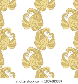 Seamless pattern with gold Fantastic flowers on a white background. Decorative element of floral nature. Hand-drawn vector illustration for fabric, Wallpaper