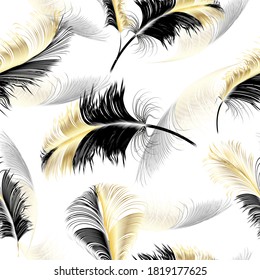 Seamless pattern with gold feathers of bird. Repeating texture. Boho style.
