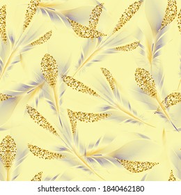 Seamless pattern with gold feathers of bird. Repeating texture. Boho style.