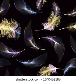 Seamless pattern with gold feathers of bird. Repeating texture. Boho style.