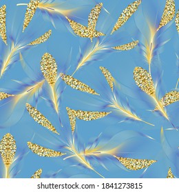 Seamless pattern with gold feathers of bird. Repeating texture. Boho style.
