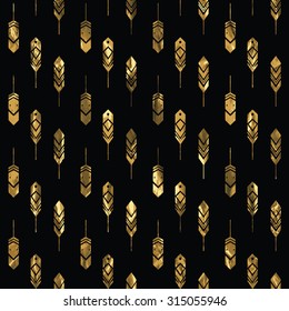 Seamless pattern with gold feathers. Tribal  feathers on white background. Feathers Aztec seamless pattern. Ethnic ornament. Vector illustration