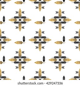 Seamless pattern with gold feathers. Tribal feathers on white background. Feathers Aztec seamless pattern.