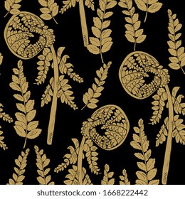 Seamless pattern with gold fern leaves, palm branch, leaves . Creative vintage jungle texture. Great for fabric, textile Vector Illustration